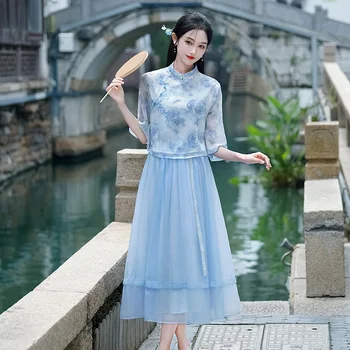 Традиционное платье, улучшающее моду, Hanfu, китайский стиль, пластинчатая пряжка, стоячий вырез, Ципао, Элегантная литература, комплект Tang, женская юбка