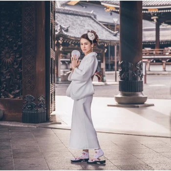 Женское Японское Традиционное Кимоно Из Полиэстера Свежего Белого Цвета, Летняя Одежда Для Косплея Юката, Сценическое Платье