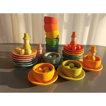 Сенсорные деревянные игрушки Монтессори, радужные пастельные чаши для сортировки, тарелки с шариками, желуди для детских игр