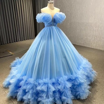 Нежное голубое бальное платье, платья для выпускного вечера для женщин с открытыми плечами, длина до пола, тюль, Плиссированный многоуровневый бисер, вечерние платья для вечеринок