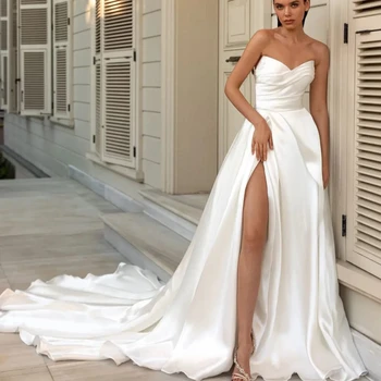 Простые атласные свадебные платья с открытой спиной, платья для невесты со шлейфом трапециевидной формы, элегантное свадебное платье с высоким разрезом, Vestidos De Novia