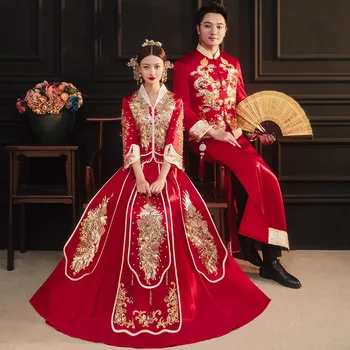 Wedding Dress Retro Chinese Sparkly Red Sequins Cheongsam Bride Beading Embroidery Toast Clothing костюм для восточных