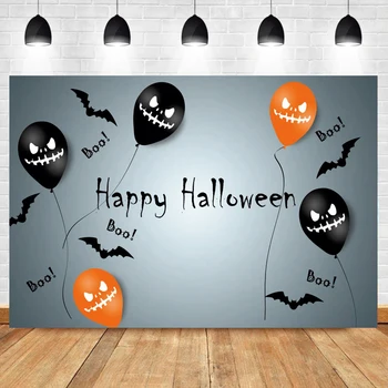 Фон для вечеринки в канун счастливого Хэллоуина, воздушные шары с гримасами, баннер с изображением черной летучей мыши, фон для фотосъемки угощений или треков