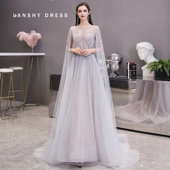 Роскошные Вечерние платья Lanshy из Дубая, расшитые серебряным бисером, С рукавами-накидками, Арабское Длинное вечернее платье для женской свадьбы 2023 года