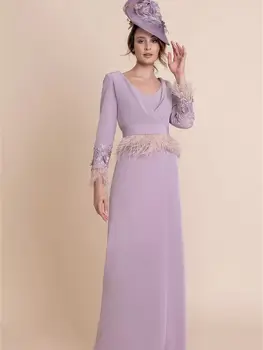 Лавандово-фиолетовое шифоновое плиссированное вечернее платье с перьями, длинный рукав, 3D цветочная аппликация с поясом, женское вечернее платье для официальных мероприятий