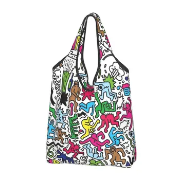 Многоразовая продуктовая сумка с граффити для танцовщиц в стиле поп-арт, машинная стирка, хозяйственные сумки Harings, большая экологичная сумка для хранения, прикрепленный чехол