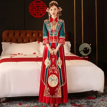 Изысканная вышивка, жемчужное украшение, свадебная одежда Традиционной китайской невесты, свадебное платье Чонсам, Восточное винтажное Ципао