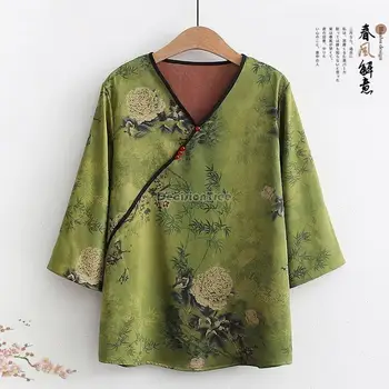 2023 Китайский винтажный топ с цветочным принтом, блузка с воротником-стойкой, повседневная женская блузка в стиле ретро с цветочным рисунком, жаккардовые улучшенные комбинезоны, топ