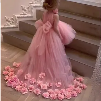 Праздничные платья для девочек vestido de daminha, розовое 3D платье с цветочным узором для девочек, primera comunion, длинное свадебное платье для девочек