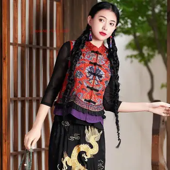 2024 женский китайский винтажный жилет с цветочной вышивкой Тан костюм жилет традиционные топы чонсам ретро национальный ветрозащитный жилет жилет