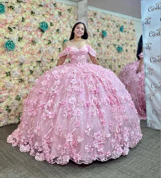 2024 Милые Розовые Роскошные Платья принцессы Quinceanera С 3D Цветочной Аппликацией И Открытыми Плечами, Корсет Для Суеты, vestidos de 15 años
