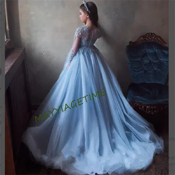 Синее платье в цветочек для девочек, длинное платье принцессы на свадьбу, День рождения, Детское Причастие, крещение, платья для вечеринок и мероприятий Summertim