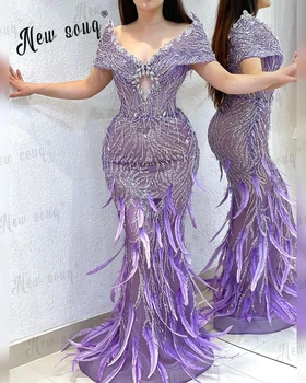Элегантное фиолетовое вечернее платье с открытыми плечами и кристаллами на шее, украшенное бисером и пером ручной работы, для женщин, Вечернее платье Vestido De Noiva