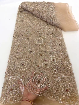 2024 Роскошная кружевная ткань из тяжелого бисера, вышивка бисером ручной работы, африканский кружевной материал с пайетками, пошив свадебного платья XC
