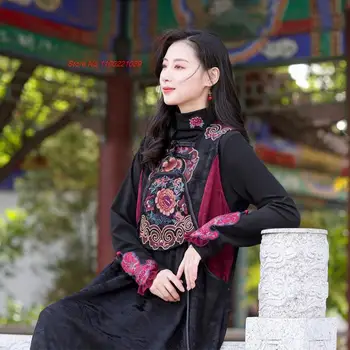 2024 китайское винтажное платье без рукавов, сарафан с древней цветочной вышивкой, ретро-платье в стиле пэчворк, восточное народное длинное платье трапециевидной формы