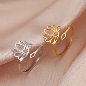 Винтажные кольца с цветком Лотоса для женщин из нержавеющей стали, Элегантное Регулируемое кольцо на палец, Йога, буддизм, ювелирные изделия, подарки