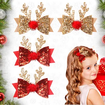 24 шт./лот, 2023 Рождественские заколки для волос с блестящим бантом и блестками в виде оленя, Рождественский подарок к празднику