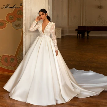 Alonlivn Роскошные атласные платья для невесты с открытой спиной, Vestido de Noiva, Глубокий V-образный вырез, Трапециевидное свадебное платье с длинными рукавами