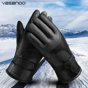 1 пара мужских перчаток Черные зимние варежки, сохраняющие тепло, Ветрозащитная перчатка для вождения с сенсорным экраном, утолщенная Бархатная кожаная перчатка
