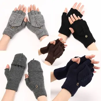 Сохраняющие тепло перчатки на полпальца, Новые Толстые Варежки, Шерстяные перчатки, Вязаные Флип-перчатки из натуральной кожи, Зимние
