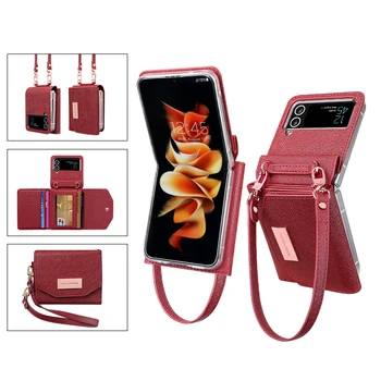 Кожаный чехол-бумажник Vietao Red Z Flip 4 3 с отделением для карт, сумка-кошелек, чехол для телефона samsung z flip 4 3, чехол для телефона с ремешком