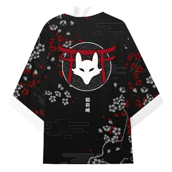 Кардиган с цветочной лисой в японском стиле, кимоно, уличная одежда Токио, Хаори, Мужская Женская рубашка-кардиган, куртка, Японский халат, одежда из аниме, 4XL