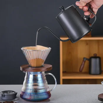 Набор для разливки кофе V02 Капельница Кофейный сервиз объемом 600 мл Фильтр Стеклянная воронка Кофеварка для приготовления капельного кофе Чашка для заваривания с деревянным держателем