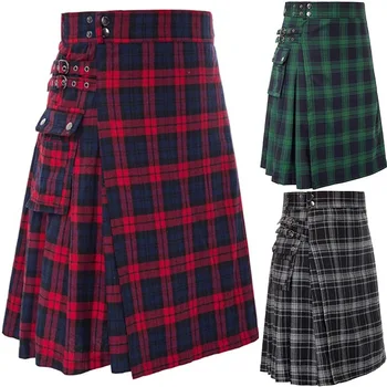 Мужская короткая юбка из традиционной шотландской шотландской шотландки, практичный килт, мужская юбка, винтажный килт, Шотландская мода в готическом панке, карман для Кендо