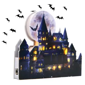 Модель украшения замка на Хэллоуин, Светящаяся скульптура замка, Летучая мышь, Лунный узор, Декоративный замок, Декор стола, декор прикроватной тумбочки.