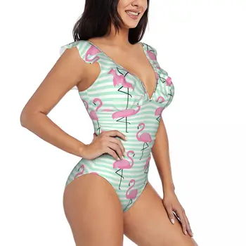 Женский сексуальный цельный купальник с рюшами 2023, женский купальник с рисунком фламинго на раздетом монокини, купальный костюм, пляжная одежда