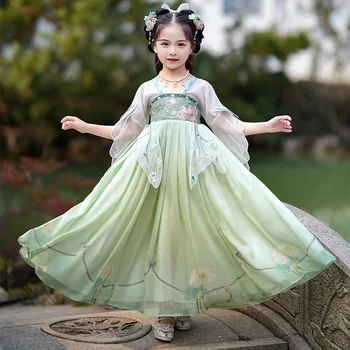 Китайская традиционная вышивка Hanfu Sweet Girls, косплей, танцевальный комплект, Костюм Феи, Одежда для детей, простое платье династии Хань
