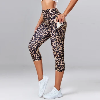 Леггинсы-капри с леопардовым принтом, женские брюки для йоги с высокой талией и боковыми карманами, быстросохнущие спортивные колготки, одежда для фитнеса.