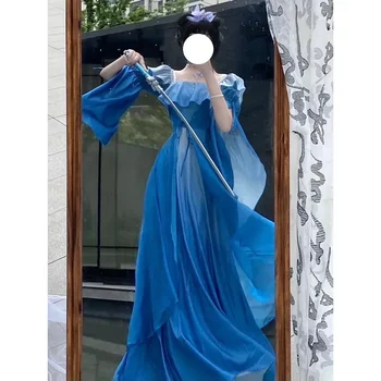 Оригинальное милое синее платье Hanfu с градиентными пышными рукавами в китайском стиле, телевизионная драма, костюмы феи для косплея, Ханбок, Корейские платья