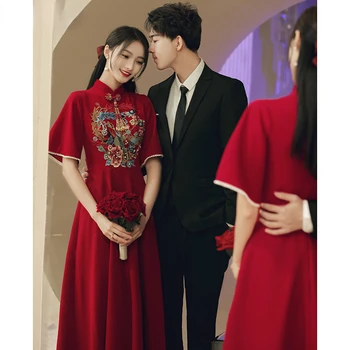 Платье для тостов с вышивкой в китайском стиле, женское вечернее платье для вечеринок, элегантное свадебное платье для новобрачных, винтажное бордовое Ципао