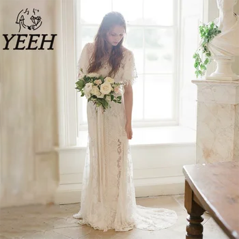 Свадебное платье YEEH с кружевными аппликациями, Свадебное платье с короткими рукавами, драпированный шлейф с низкой спинкой, Vestido De Noiva для невесты