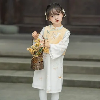 Осеннее милое платье-Чонсам с воротником-стойкой и длинными рукавами для девочек, традиционные китайские костюмы для детей, платье Мандарина