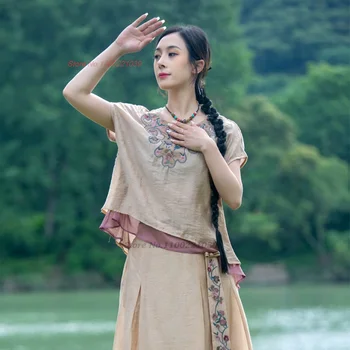 2024 национальная цветочная вышивка, ретро-блузка, традиционные китайские винтажные топы hanfu, свободная блузка из этнического хлопка и льна с круглым вырезом