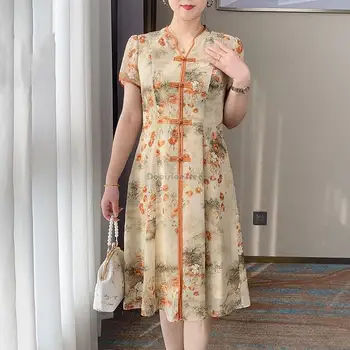 2023 летние женщины китайский цветочный принт ретро платье чонсам мода с коротким рукавом длинный свободный стиль улучшенное платье ципао s482