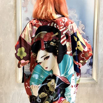 Женская Японская рубашка для косплея Юката, Блузка, женское Японское Кимоно, Кардиган, Летнее Пляжное пальто, уличная одежда, Традиционный Хаори