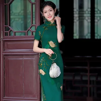 Винтажный зеленый цветочный принт, длинный Чонсам, женское сексуальное тонкое Ципао с высоким разрезом, Классическое китайское традиционное вечернее платье для вечеринки