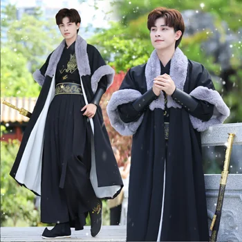 Большой размер 4XL Hanfu Для мужчин, китайская традиционная вышивка Hanfu, черная куртка, плащ, мужской карнавальный костюм для косплея, плюс размер 3XL