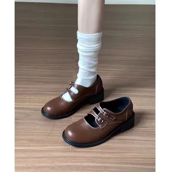 2024 Весенние Новые женские туфли во французском ретро стиле с круглым носком на плоской подошве и мелким ртом, Универсальные Маленькие кожаные туфли Mary Jane, одиночная обувь