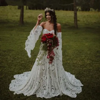 Винтажные вязаные крючком кружевные свадебные платья в стиле бохо с длинным рукавом 2022 с открытыми плечами, сельский богемный кельтский халат невесты-хиппи