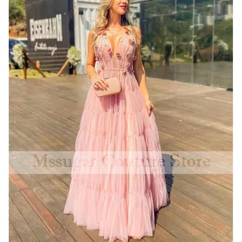 2021 Элегантные Розовые Платья Для Выпускного вечера На Бретельках С V-образным вырезом и 3D цветами, Вечернее платье Robe De Soirée De Mariage