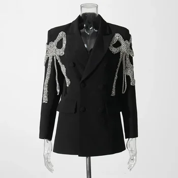 Женские костюмы с кристаллами и бантом, Цельнокроеный блейзер, Роскошный Черный жакет, Деловая рабочая одежда для офиса, Хлопковое пальто, Осенний наряд