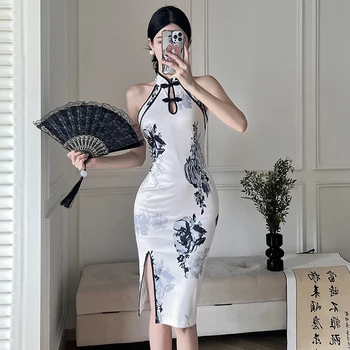 Женское элегантное белое Ципао без рукавов с принтом в китайском стиле, тонкие чонсамы, французское вечернее платье Sexy Lady, вечерние платья Vestidos