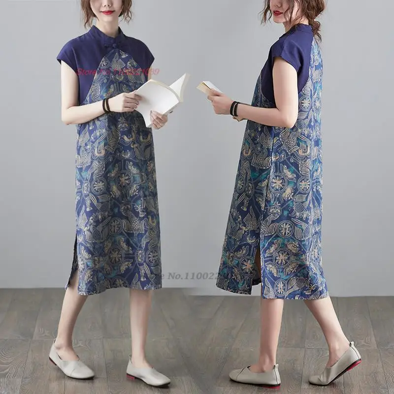 2024 женское винтажное китайское улучшенное платье ципао с национальным цветочным принтом, хлопковое льняное элегантное платье ципао в стиле пэчворк - 1