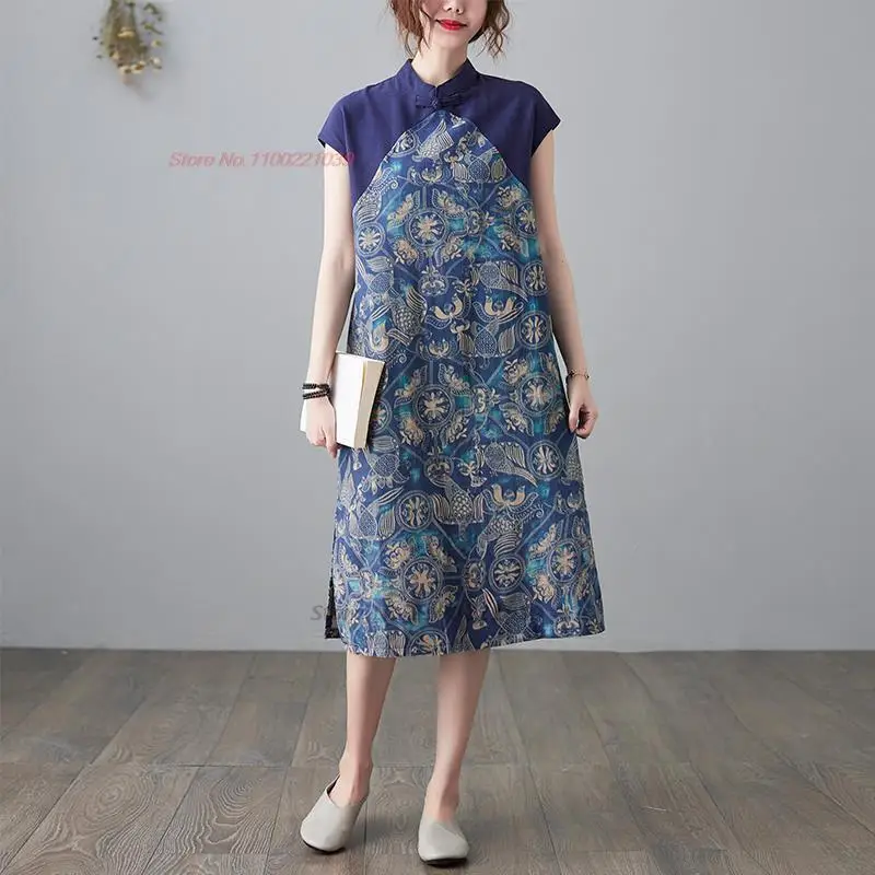 2024 женское винтажное китайское улучшенное платье ципао с национальным цветочным принтом, хлопковое льняное элегантное платье ципао в стиле пэчворк - 2