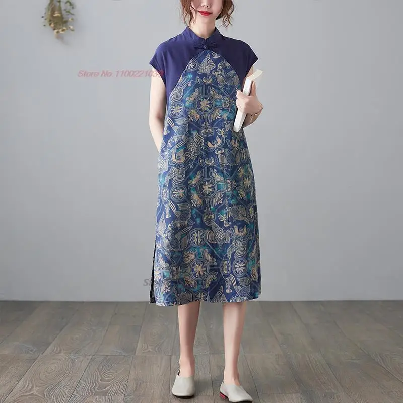 2024 женское винтажное китайское улучшенное платье ципао с национальным цветочным принтом, хлопковое льняное элегантное платье ципао в стиле пэчворк - 3
