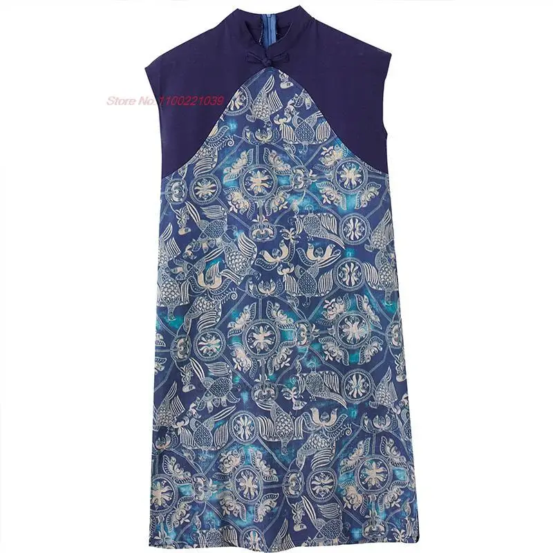 2024 женское винтажное китайское улучшенное платье ципао с национальным цветочным принтом, хлопковое льняное элегантное платье ципао в стиле пэчворк - 4